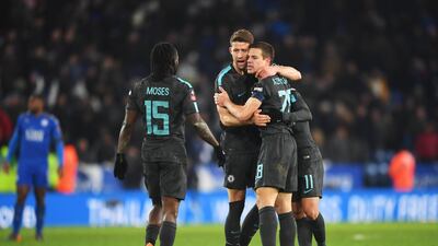 Victor Moses, Gary Cahill, Cesar Azpilicueta and Pedro of Chelsea celebrate their side's FA Cup win over Leicester City to reach the semi-finals. Michael Regan / Getty Images