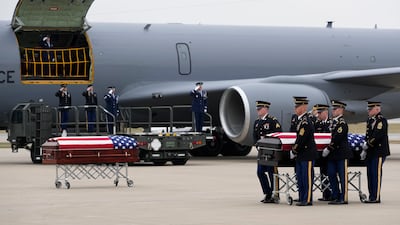 The bodies of US Staff Sergeant Edgar Brian Torres-Tovar of Des Moines and Staff Sergeant William Nathaniel Howard of Marshalltown, Iowa National Guardsmen killed in an attack in the Syrian desert, are repatriated at Des Moines International Airport. AP