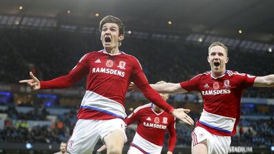 Middlesbrough’s Marten de Roon celebrates scoring their first goal. Carl Recine / Action Images / Reuters