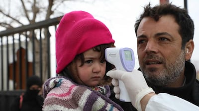People crossing from Turkey into northern Syria walk through the Bab al-Salama border crossing and are checked for coronavirus. AFP