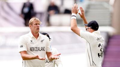 New Zealand bowler Kyle Jamieson celebrates after taking the wicket of India's Ishant Sharma for four. Reuters