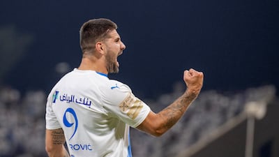 Aleksandar Mitrovic celebrates scoring Al Hilal's first goal during the 3-0 win against Al Raed. AFP