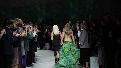 The silk-chiffon dress has a palm-frond pattern, which appeared on various other Versace garments this season. Photo: Vittorio Zunino Celotto / Getty Images
