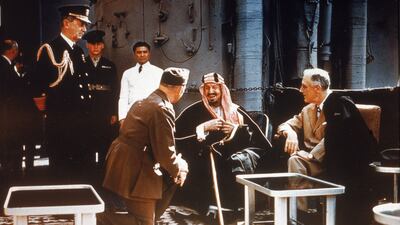 American president Franklin Delano Roosevelt meets with King Ibn Saud of Saudi Arabia, chief of staff William D. Leahy and Col William A Eddy, minister to Saudi Arabia, aboard a United States warship on February 20, 1945. Photo: Getty Images