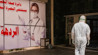 A staff member in protective gear at Basra University Hospital, where Covid-19 patients in the southern Iraqi city are treated.