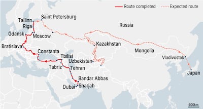 The route the couple are taking to reach Japan from the UAE.