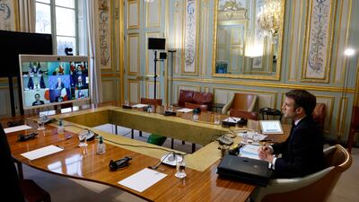 French President Emmanuel Macron takes part in a video conference of G7 leaders on Ukraine. AP