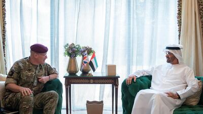 Sheikh Mohamed bin Zayed, Crown Prince of Abu Dhabi and Deputy Supreme Commander of the Armed Forces, meets with Lieutenant General Sir John Lorimer, the UK's senior defence adviser to the Middle East. Mohamed Al Hammadi / Ministry of Presidential Affairs