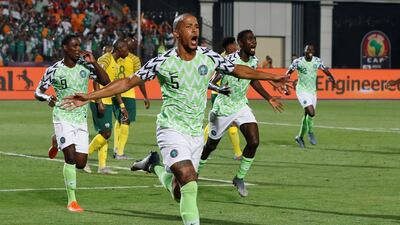 Nigeria's William Troost-Ekong celebrates scoring the winning goal against South Africa in the 2019 Africa Cup of Nations quarter-final in Cairo. Reuters