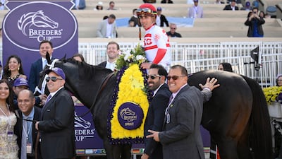 Bentornato in the winners circle after winning the Breeders' Cup Sprint race at Del Mar Race Track on November 01, 2025 in Del Mar, California. AFP
