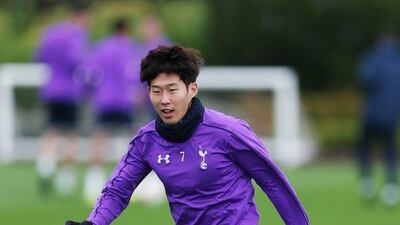 Son Heung-min of Tottenham Hotspur shown in action on Wednesday during training for Spurs’ Thursday night Europa League match. Matthew Childs / Action Images / Reuters