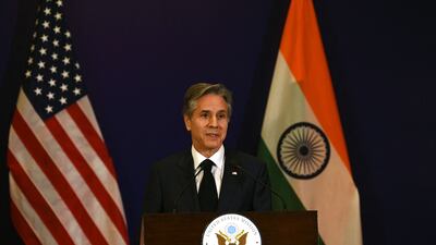 Antony Blinken speaks on the sidelines of the G20 foreign ministers' meeting in New Delhi on Thursday. AFP