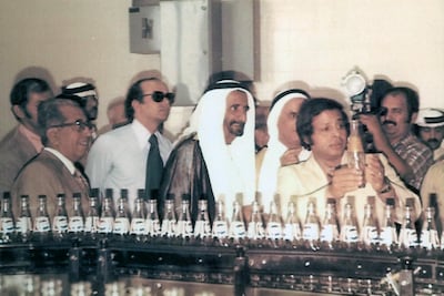 Sheikh Rashid bin Saeed, Vice President and Ruler of Dubai at the time, with Dubai Refreshment former chairman Sultan Al Owais during a factory tour in 1978. Photo: PepsiCo