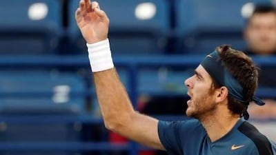 Juan Martin Del Potro argues with the chair umpire about a time violation following a serve to Novak Djokovic during their men's singles semi-final match at the ATP Dubai Duty Free Tennis Championships on Friday. Ahmed Jadallah / Reuters
