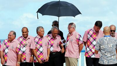 Australian Prime Minister Scott Morrison, fourth from right, with other leaders at the Pacific Islands Forum in Tuvalu on August 15, 2019. Australian PM's Office / AFP