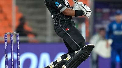 New Zealand's Rachin Ravindra sways to avoid a short ball. AP