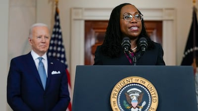 Ketanji Brown Jackson speaks after President Joe Biden announced her as his nominee to the Supreme Court. AP
