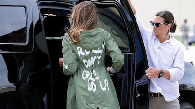 US first lady Melania Trump was criticised for wearing a jacket that reads "I really don't care do U?" when setting off for a children's shelter in Texas. Getty