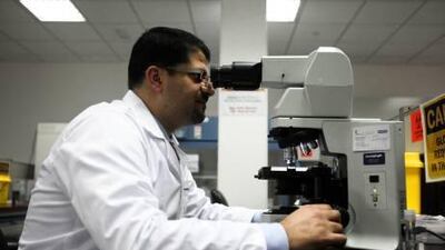 Issa Saadeh, the microbiology lab's supervisor, examines bacteria under a microscope yesterday at the National Reference Laboratory's new facility, which allows for on-site disease testing.