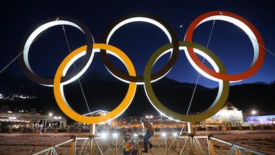 Olympic rings seen at the Rosa Khutor Alpine Resort near Sochi in Krasnaya Polyana, Russia. Michael Kappeler / EPA
