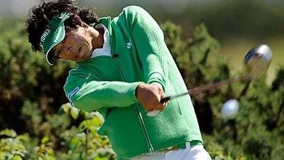 Ryo Ishikawa drives during a practice round on the Old Course in St Andrews yesterday.