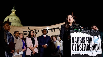 Alexandria Ocasio-Cortez speaks at a news conference in Washington on Monday calling for a ceasefire in Gaza. AFP