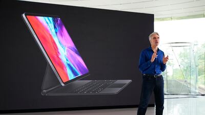 In this photo provided by Apple Inc., senior vice president of Software Engineering Craig Federighi speaks during the keynote address of the 2020 Apple Worldwide Developers Conference, in Cupertino, Calif. AP