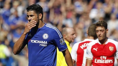 Chelsea’s Diego Costa reacts after Gabriel Paulista's sending off in the Premier League contest against Arsenal on Saturday. Ian Kington / AFP / September 19, 2015