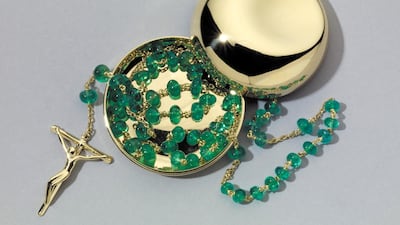 Christian rosary, Designed by Elsa Peretti for Tiffany & Co., Barcelona, Spain, 21st century. The 52 Indian emeralds are arranged in groups of 10 for the repeated words of the Hail Mary separated by single gems for the Lord’s Prayer. © the Trustees of the British Museum