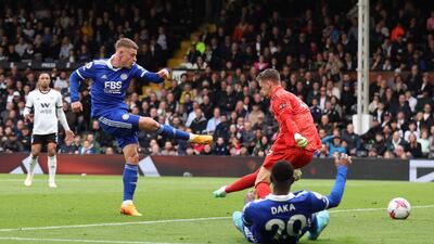 Harvey Barnes scores Leicester's third goal. Reuters