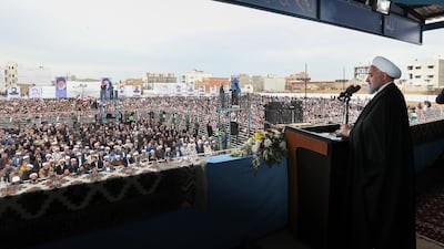 President Hassan Rouhani delivering an address in the city of Gonbad-e Kavous, Golestan province, north-eastern Iran. EPA