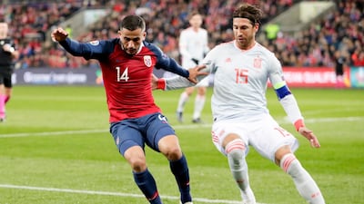 Norway's Omar Eladbellaoui, (L) fights for the ball against Spain's Sergio Ramos, during the UEFA EURO 2020 qualifying Group F soccer match between Norway and Spain at Ullevaal Stadium in Oslo, Norway. EPA