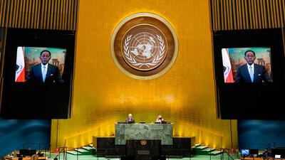Teodoro Obiang Nguema Mbasogo, President of the Republic of Equatorial Guinea, virtually addresses the general debate of the 75th session of the United Nations General Assembly. AFP PHOTO / UNITED NATIONS