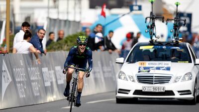 Jesus Herrada Lopez cycles during the first stage individual time trial of the Dubai Tour cycling race at the World Trade Centre in Dubai.