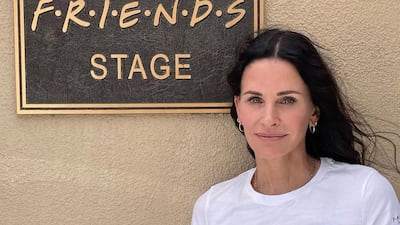 Courteney Cox, who played Monica in 'Friends', wears a 'We'll be there for you' T-shirt from the limited edition Cast Collection of merchandise