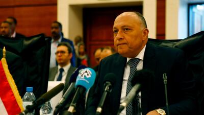 Egyptian Foreign Minister Sameh Shoukry attends talks with Sudan and Ethiopia in the Sudanese capital Khartoum on April 5, 2018 to discuss on Ethiopia's dam being built on the Blue Nile. Ashraf Shazly / AFP