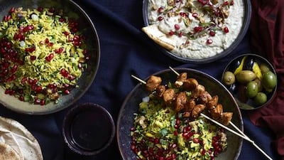 Mezze-style nibbles, lamb kofta, jeweled rice and pomegranate chicken kebabs. Photo by Murrindie Frew