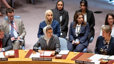 Noura Al Kaabi, UAE Minister of State, speaks at the UN Security Council. Photo: Wam