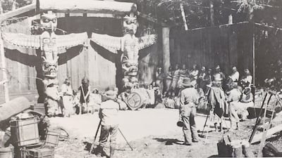A still from the set of the 1914 film 'In the Land of the Head Hunters'.
