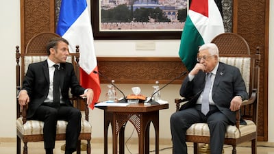 Palestinian President Mahmoud Abbas with French President Emmanuel Macron, in Ramallah, in the occupied West Bank. Reuters