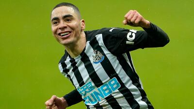 Miguel Almiron celebrates after scoring Newcastle United's second goal, following a big deflection off Southampton defender Jan Bednarek . Getty