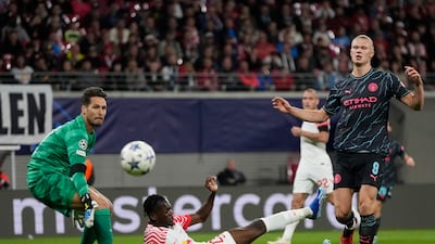 Manchester City's Erling Haaland sees his attempt go wide. AP