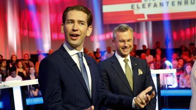People's Party (OVP) top candidate Sebastian Kurz and Freedom Party (FPO) top candidate Norbert Hofer wait for the start of a TV discussion in Vienna, Austria September 22, 2019 Reuters