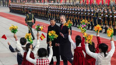 King Felipe VI of Spain and Chinese President Xi Jinping attend a welcoming ceremony at the Great Hall of the People in Beijing, China. Getty Images