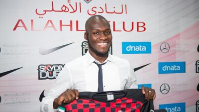 Dubai, United Arab Emirates, September 2nd, 2015: Moussa Sow after the press conference on Wednesday, September 2nd, 2015, which introduces him to the media, at the Al Ahli sporting club in Dubai. Alex Atack for The National
