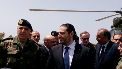 Former Lebanese Prime Minister Saad Al Hariri with Army Commander General Joseph Aoun (L), on April 21, 2017. Reuters