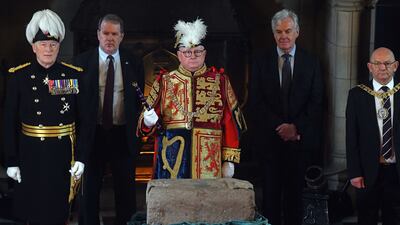 The Stone of Destiny is displayed during a Beating Retreat ceremony at Edinburgh Castle, to mark the transfer of the historical emblem of Scotland's monarchy to Perth Museum. The stone was the sacred seat for the coronation of Scottish kings for centuries. Getty Images
