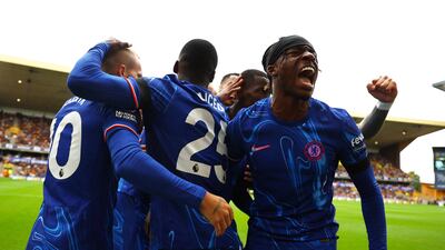 Chelsea's Noni Madueke celebrates after Nicolas Jackson scored their opener. Reuters