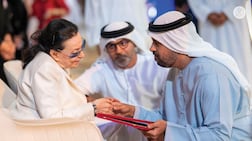 Egyptian music legend Najat Al Saghira is honoured for her contribution to Arab culture by Sheikh Theyab bin Mohammed. Photo: Abu Dhabi Media Office