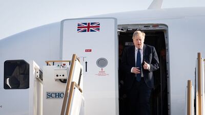 Britain's Prime Minister Boris Johnson arrives at Abu Dhabi airport at the start of his visit to the UAE and Saudi Arabia. Reuters